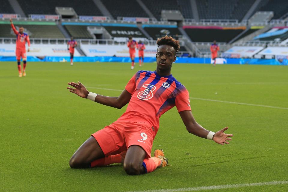 <p>Flying form | Tammy Abraham celebrates scoring in his third successive Chelsea game</p> (Pool via REUTERS)