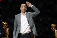 Mar 28, 2019; San Antonio, TX, USA; Former San Antonio Spurs player Manu Ginobili addresses the crowd during his jersey retirement ceremony at AT&T Center. Mandatory Credit: Soobum Im-USA TODAY Sports