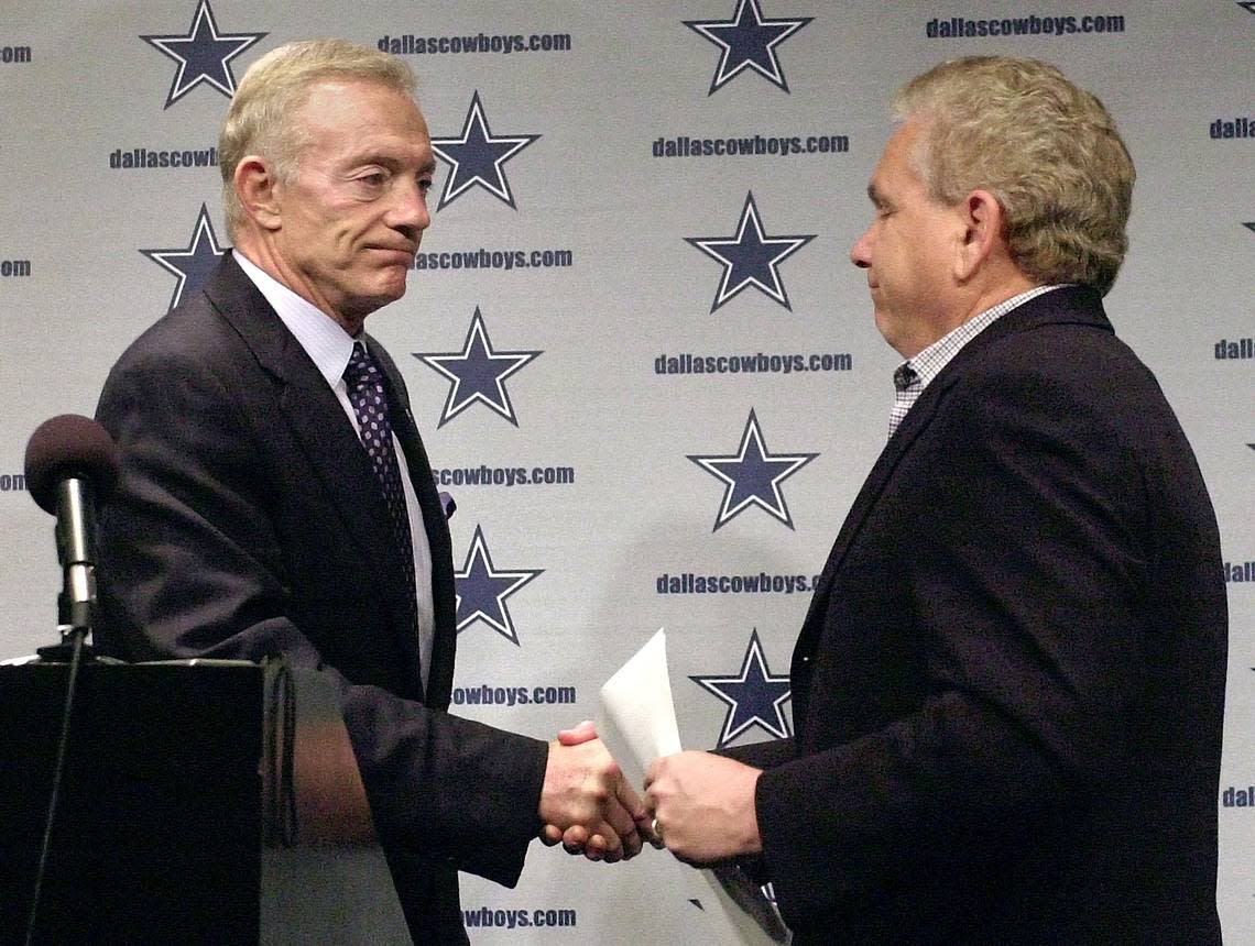 2002: Dallas Cowboys team owner Jerry Jones, left, shakes hands with Dave Campo, right, after announcing Campo’s firing,