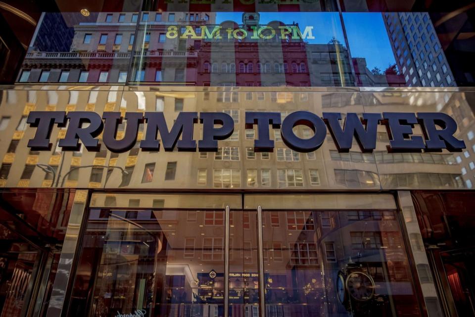 PHOTO: Marquee at the main entrance to the Trump Tower building in New York City, Oct. 17, 2023. (Erik Mcgregor/LightRocket via Getty Images)