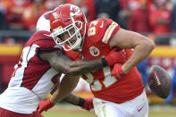 <p>Kansas City Chiefs tight end Travis Kelce (87) fumbles the ball during a tackle by Arizona Cardinals safety Antoine Bethea (41) during the second half of an NFL football game in Kansas City, Mo., Sunday, Nov. 11, 2018. The ball rolled out of bounds. (AP Photo/Ed Zurga) </p>