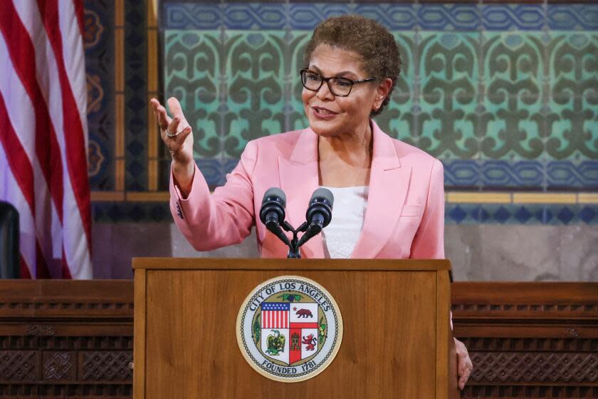 Los Angeles, CA, Monday, April 15, 2024 - LA Mayor Karen Bass delivers her second State of the City Address at City Hall. (Robert Gauthier/Los Angeles Times)