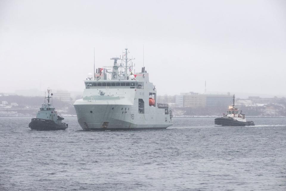 The Royal Canadian Navy's offshore patrol vessel HMCS Harry DeWolf returns after completing a circumnavigation of North America in December 2021.