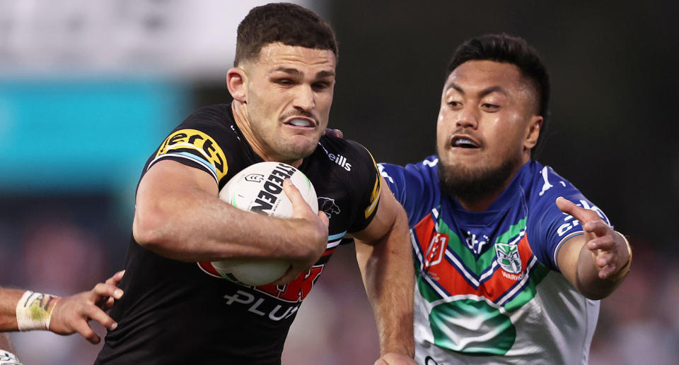 Seen here, Nathan Cleary running with the footy in Penrith's NRL qualifying final win over the Warriors. 