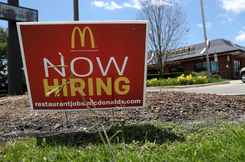 BATON ROUGE, LA - MAY 05:  A now hiring sign is posted in front of a McDonalds restaurant on May 5, 2017 in Baton Rouge, Louisiana. According to a report by the Bureau of Labor Statistics, the unemployment rate fell to 4.4 percent as the US economy added 211,000 jobs in April. (Photo by Justin Sullivan/Getty Images)