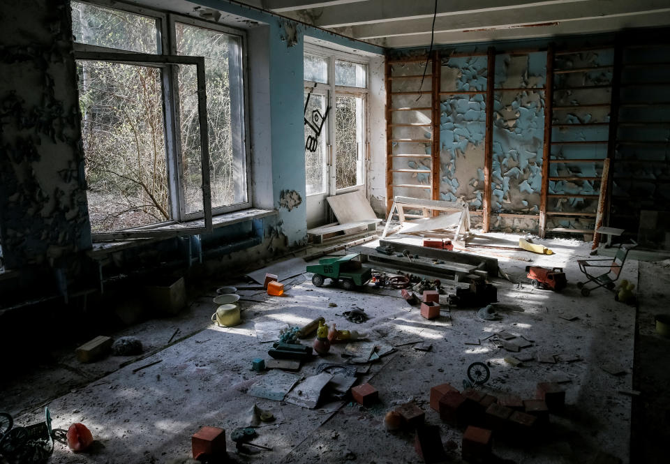 Vintage toys are seen at a kindergarten near the Chernobyl nuclear power plant in the abandoned city of Pripyat, Ukraine April 5, 2017. Picture taken April 5, 2017. REUTERS/Gleb Garanich