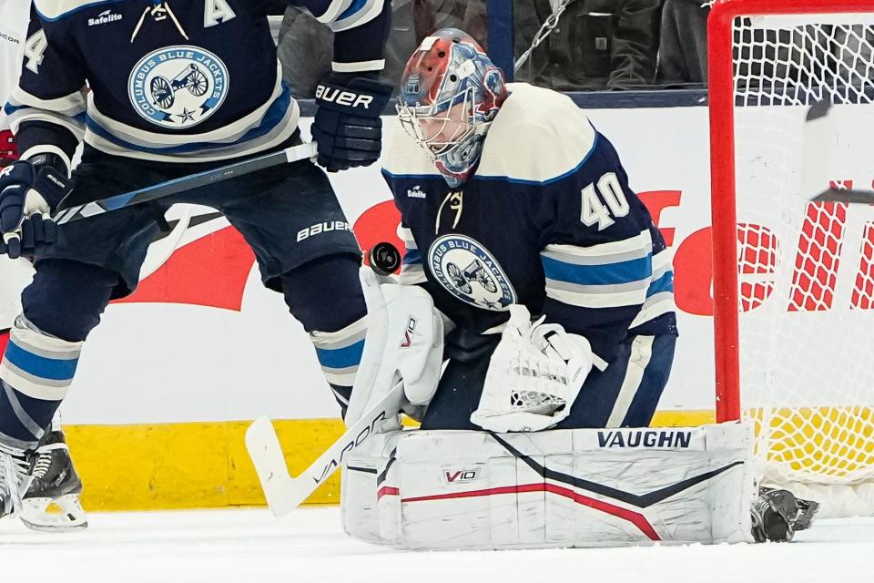 Feb 29, 2024; Columbus, Ohio, USA; Columbus Blue Jackets goaltender Daniil Tarasov (40) saves a shot during the third period of the NHL hockey game against the Carolina Hurricanes at Nationwide Arena. The Blue Jackets lost 4-2.