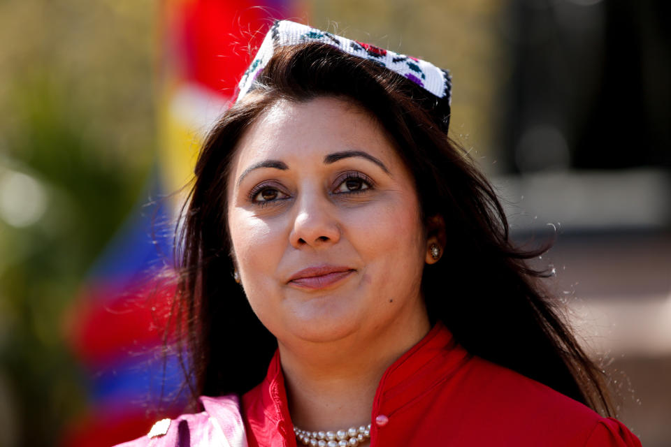 LONDON, UNITED KINGDOM - APRIL 22: Conservative Party MP Nusrat Ghani joins members of the Uighur community and human rights activists demonstrating outside the Houses of Parliament in London, United Kingdom on April 22, 2021. Members of Parliament today debate and are expected to vote on a motion calling on the House of Commons to declare that Uighur Muslims and other ethnic and religious minorities in China's Xinjiang province are suffering crimes against humanity and genocide. (Photo by David Cliff/Anadolu Agency via Getty Images)