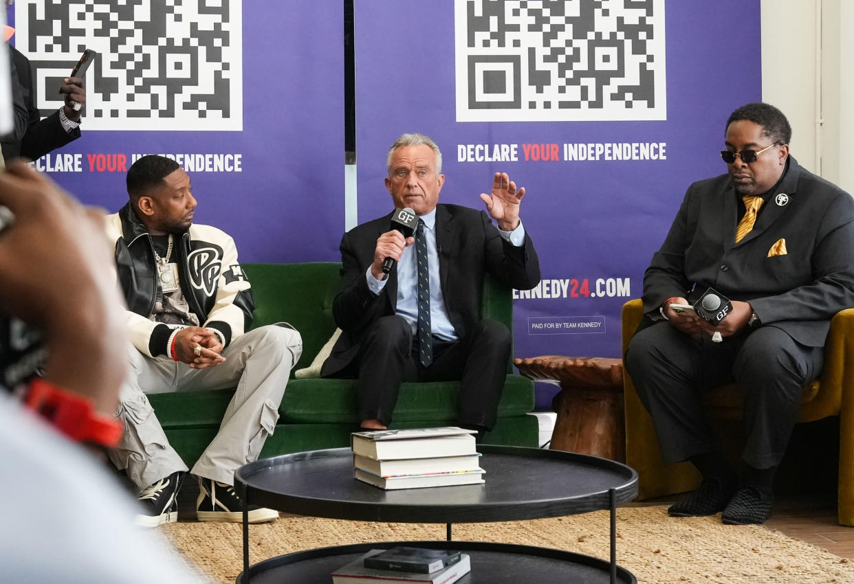 Robert F. Kennedy, Jr. hosts a fireside chat with rapper and producer Eric B. at The Gentleman’s Factory in New York City, on Feb. 18, 2024.<span class="copyright">John Nacion—Getty Images</span>