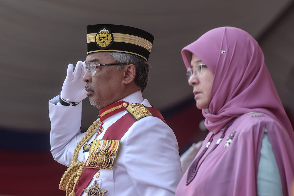 Yang di-Pertuan Agong Al-Sultan Abdullah Ri’ayatuddin Al-Mustafa Billah Shah and Raja Permaisuri Agong Tunku Hajah Azizah Aminah Maimunah Iskandariah grace the Trooping the Colour ceremony in Putrajaya September 12, 2019. — Picture by Shafwan Zaido