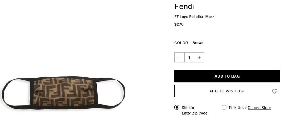  Fendi推出的口罩定價270美元，且在不少網站上已銷售一空。（圖／翻攝自網站saks fifth avenue）