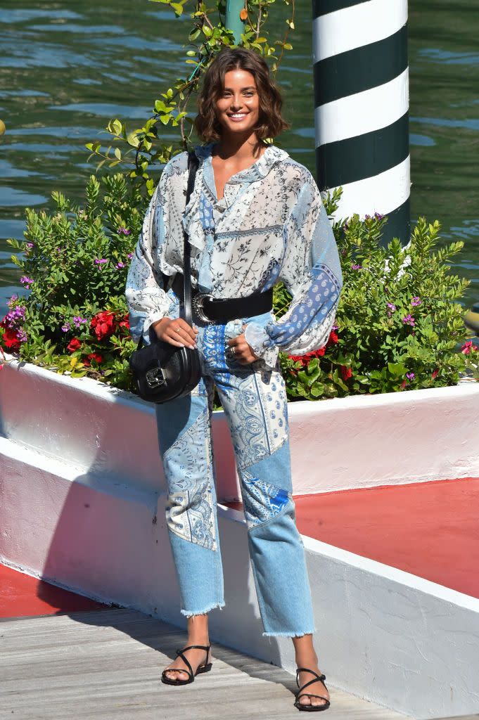 <p><strong>2 September </strong>The model was seen arriving in Venice earlier that day in another scarf-print Etro look.</p>