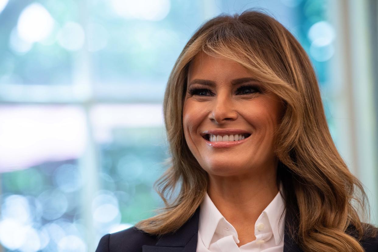 First Lady Melania Trump attends a meeting with members of the US Special Olympics team in the Oval Office at the White House in Washington, DC, on July18, 2019. (Photo by NICHOLAS KAMM / AFP)        (Photo credit should read NICHOLAS KAMM/AFP/Getty Images)