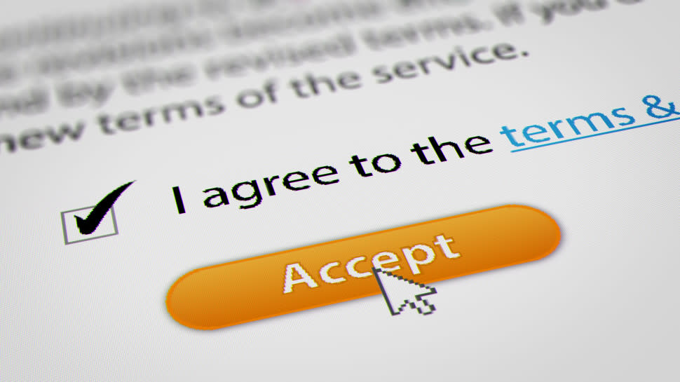  An Accept button agreeing to Terms and Conditions. 