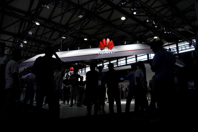 FILE PHOTO: A Huawei logo is pictured at Mobile World Congress (MWC) in Shanghai