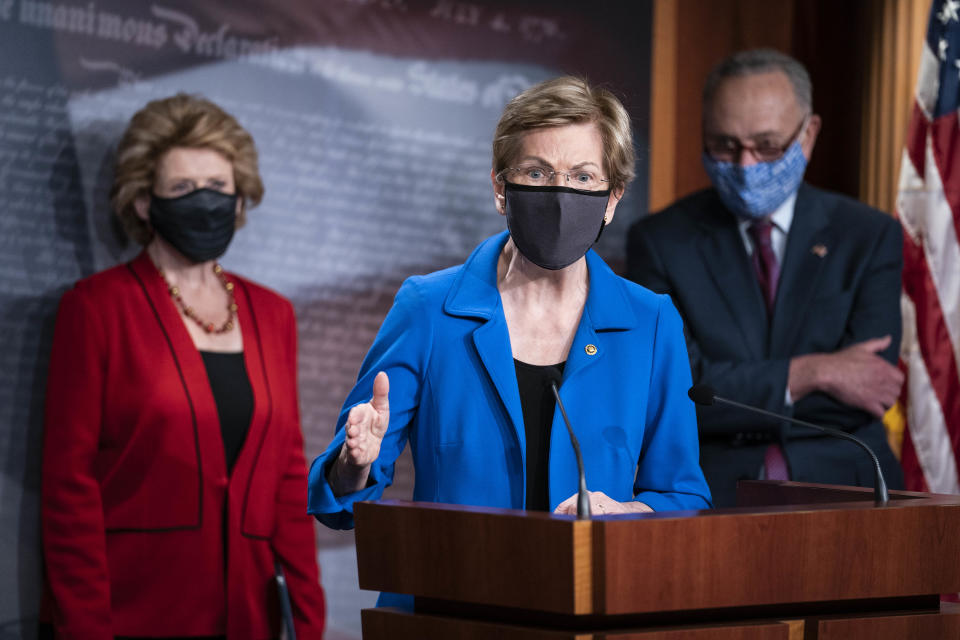 Senator Elizabeth Warren, a Democrat from Massachusetts, speaks during a news conference following the weekly Democratic caucus meeting at the U.S. Capitol in Washington, D.C., U.S., on Tuesday, Oct. 20, 2020. (Sarah Silbiger/Bloomberg via Getty Images)