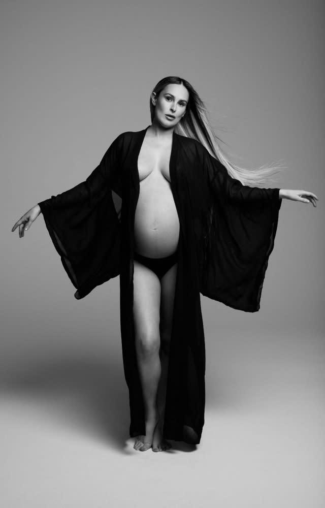Pregnant Rumer Willis goes topless under a sheer black robe in stunning Bumpsuit campaign. 13 Apr 2023. <em>Photo credit: Bumpsuit/MEGA.</em>