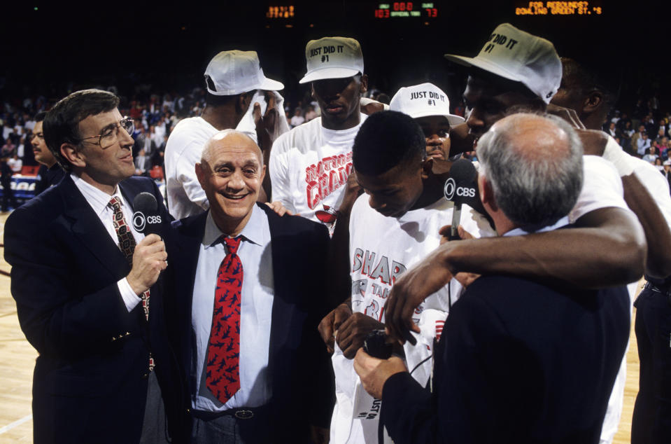 College Basketball: NCAA Final Four: UNLV coach Jerry Tarkanian victorious with CBS Sports announcer Brent Musburger (L) during interview after winning National Championship game vs Duke at McNichols Sports Arena. 
Denver, CO 4/2/1990
CREDIT: David E. Klutho (Photo by David E. Klutho /Sports Illustrated via Getty Images)
(Set Number: X39525 TK6 R4 F9 )