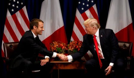 FILE PHOTO: U.S. President Donald Trump meets French President Emmanuel Macron in New York, U.S., September 18, 2017. REUTERS/Kevin Lamarque/File Photo