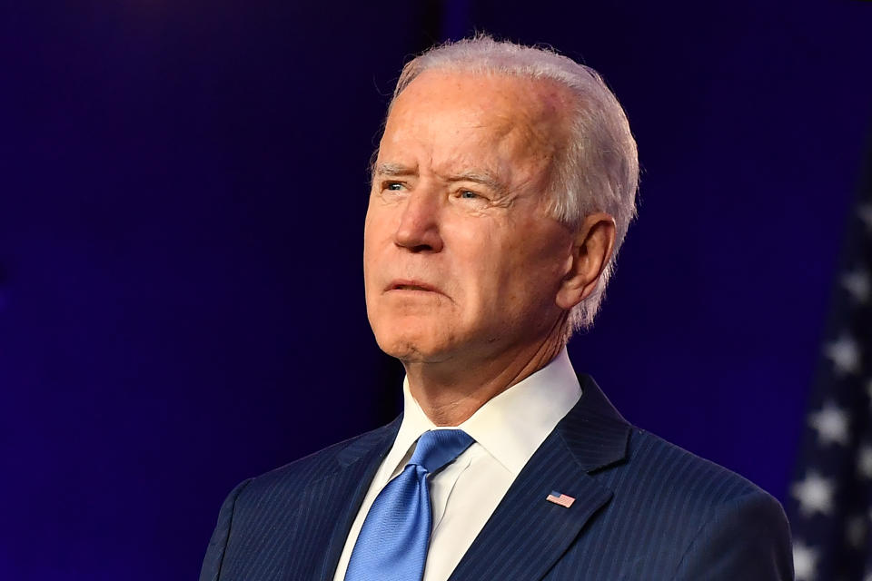 Democratic presidential nominee Joe Biden delivers remarks at the Chase Center in Wilmington, Delaware, on November 6, 2020. - Three days after the US election in which there was a record turnout of 160 million voters, a winner had yet to be declared. (Photo by ANGELA WEISS / AFP) (Photo by ANGELA WEISS/AFP via Getty Images)