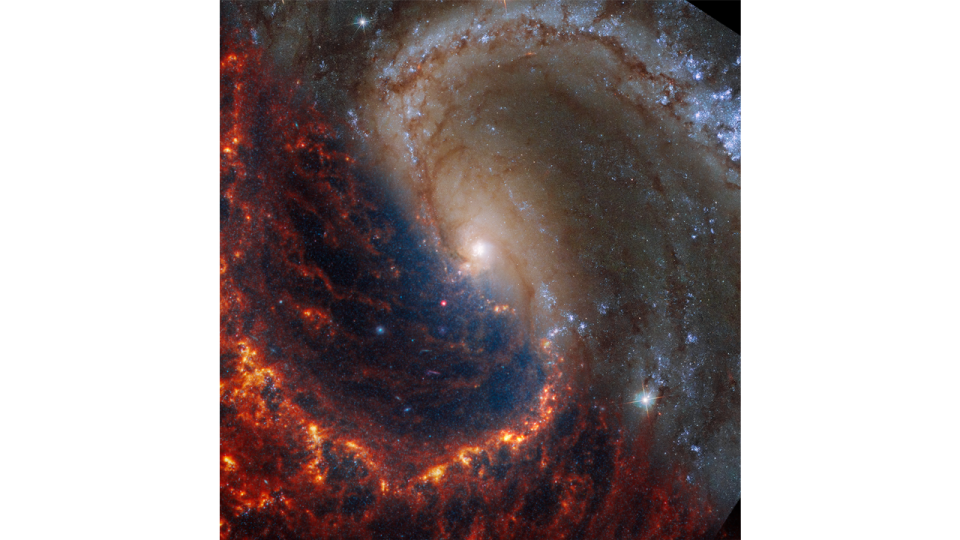 <em>Face-on spiral galaxy, NGC 4535. The gas and dust stand out in stark shades of orange and red, and show finer spiral shapes with the appearance of jagged edges. These are some of the star-forming regions of the galaxy. Both older and younger stars appear blue in color. CREDIT: NASA, ESA, CSA, STScI, Janice Lee (STScI), Thomas Williams (Oxford), PHANGS Team.</em>