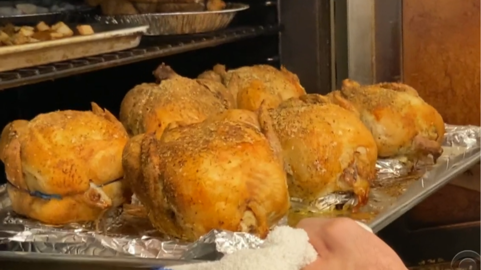Chickens are cooked at Saratoga's Broadway Deli in Saratoga Springs, New York. / Credit: CBS News