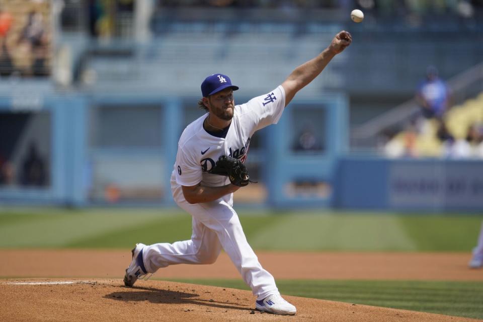 Dodgers pitcher Clayton Kershaw works against the San Francisco Giants on Sept. 7 at Dodger Stadium.