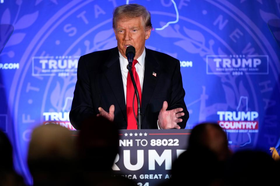 Republican presidential candidate former President Donald Trump speaks at a campaign event in Portsmouth, N.H., Wednesday, Jan. 17, 2024.