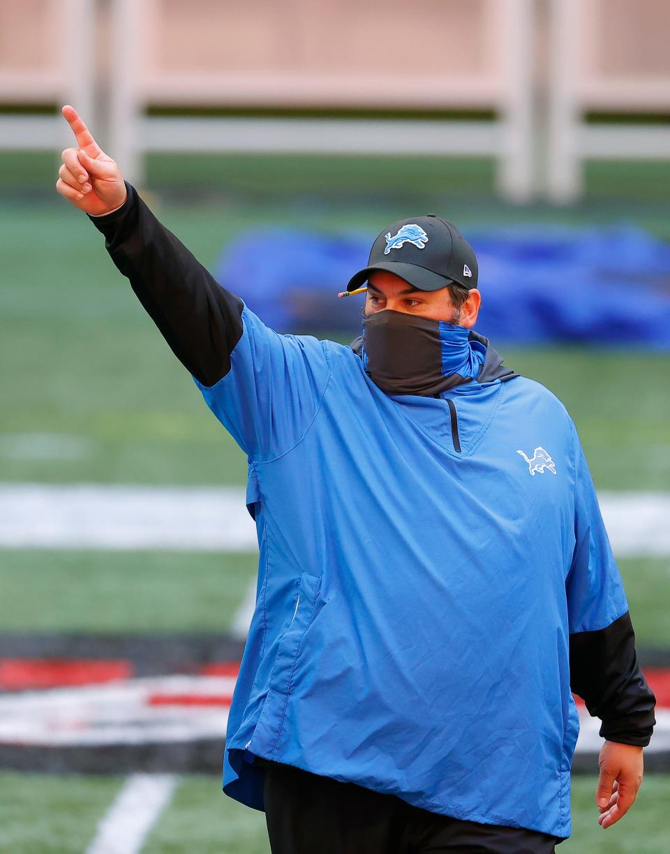 Lions coach Matt Patricia looks on during warmups before the Lions' 23-22 win on Sunday, Oct. 25, 2020, in Atlanta.
