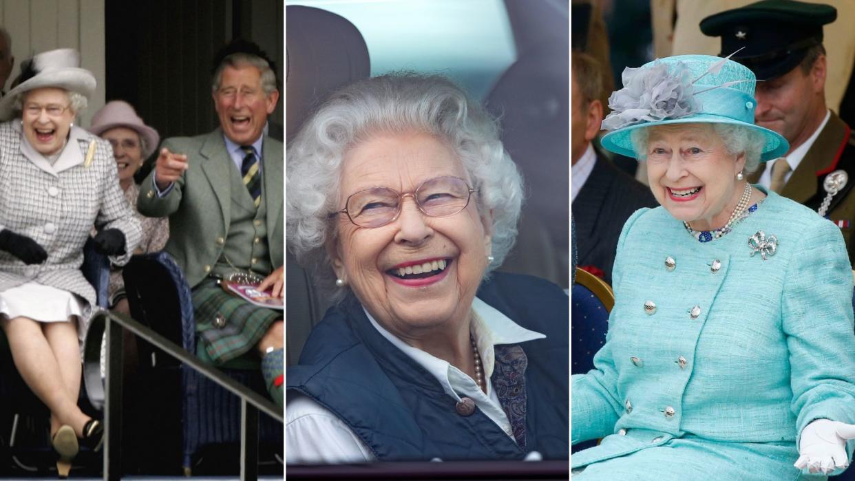  A composite image of Queen Elizabeth having fun, with the first image showing Queen Elizabeth laughing with Charles, the second showing the Queen smiling in her car, and the third showing the Queen laughing with Kate Middleton. 