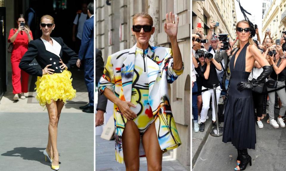 Celine Dion wows Paris in ???, Off-White swimsuit with blazer and Schiaparelli.