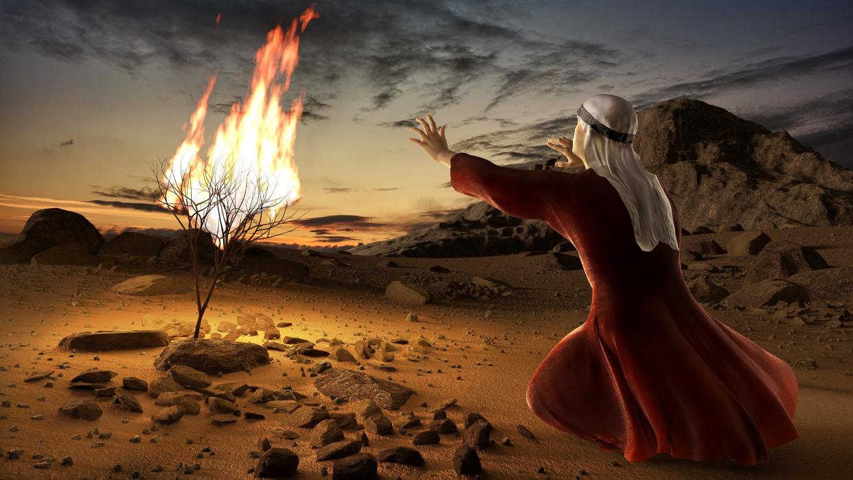 This illustration depicts the story of Moses and the burning bush in the biblical Book of Exodus. The shrub was on fire, but it was not consumed by the flames.