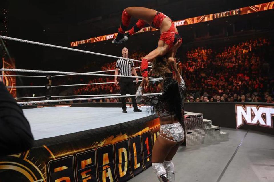 Kelani Jordan using her gymnastics background during NXT Deadline in December 2023 on Peacock from Bridgeport, Connecticut.