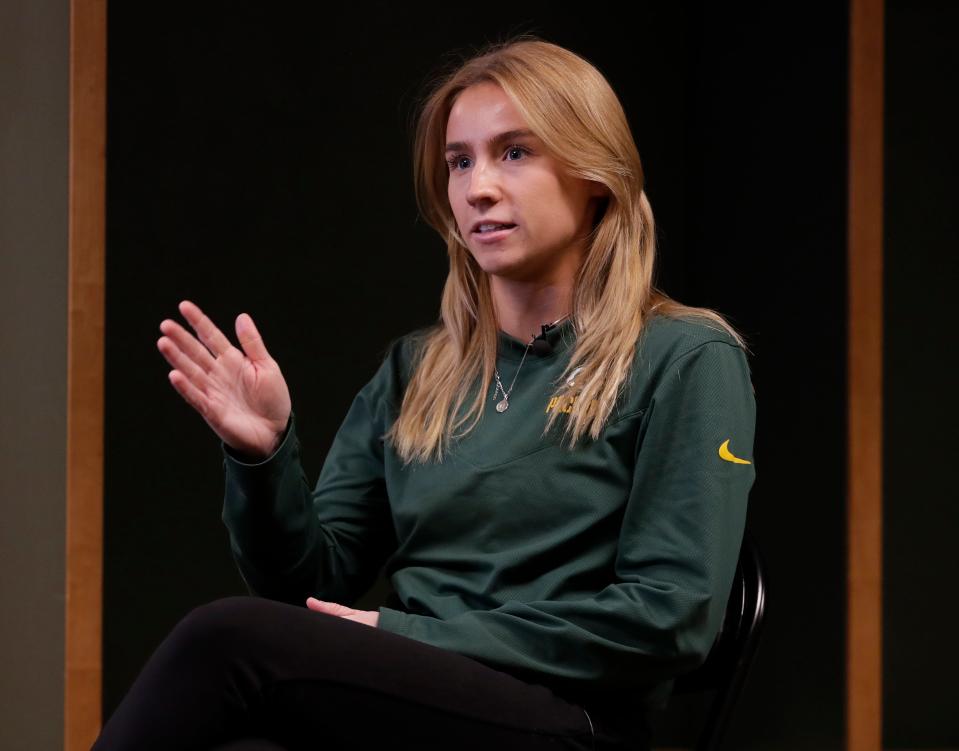 Erin Roberge, the Green Bay Packers' first full-time female athletic trainer, talks about her new role at Lambeau Field on Feb. 8, 2023, in Green Bay, Wis.