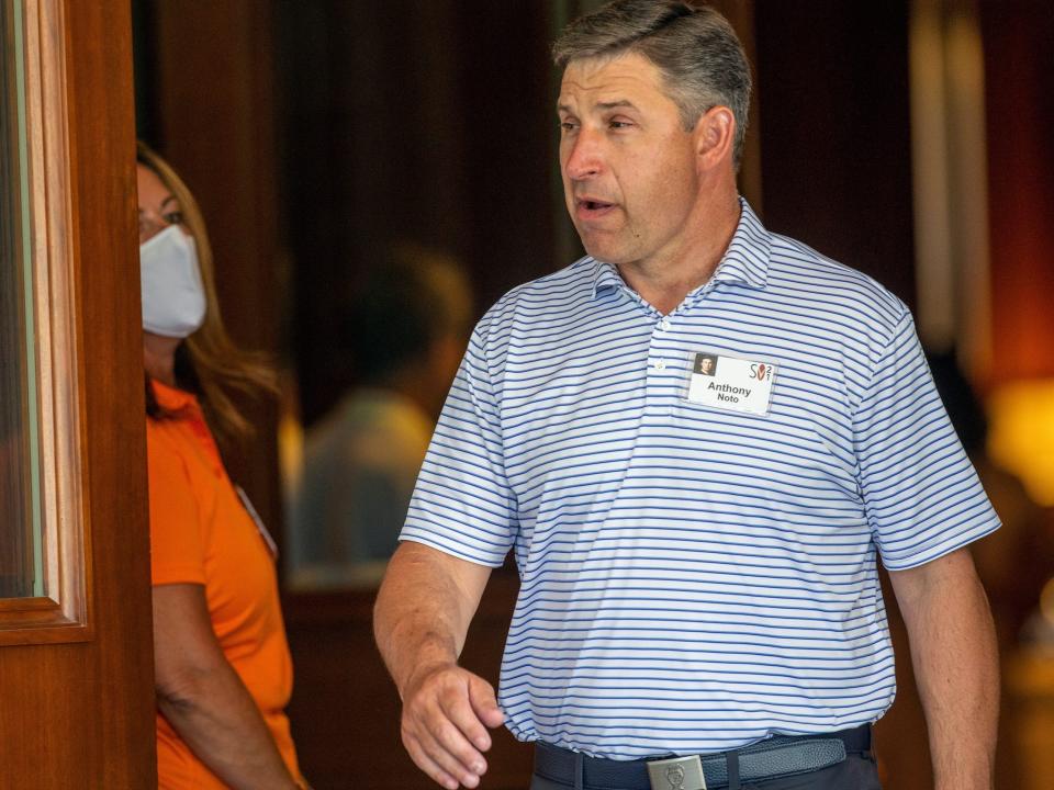 Anthony Noto walks out of Sun Valley Lodge