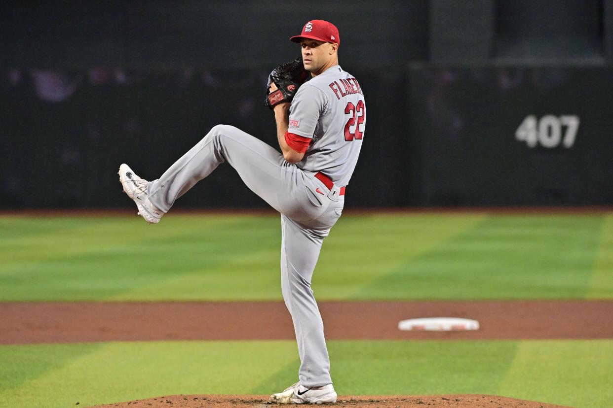 St. Louis Cardinals starting pitcher Jack Flaherty (22) throws in the first inning against the Arizona Diamondbacks at Chase Field in Phoenix on July 26, 2023.