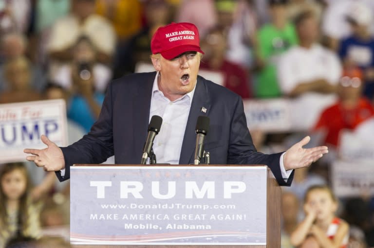 Republican presidential candidate Donald Trump speaks during a rally at Ladd-Peebles Stadium in Mobile, Alabama, on August 21, 2015