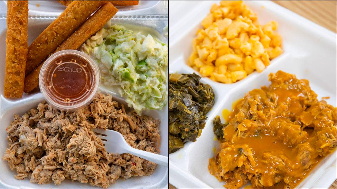 A barbecue plate at B’s in Greenville, N.C. features chopped pork, slaw, corn sticks, and vinegar-based sauce, left, and a plate of pulled pork in mustard sauce, collard greens and macaroni and cheese at Big T Bar-B-Que in Columbia, S.C.