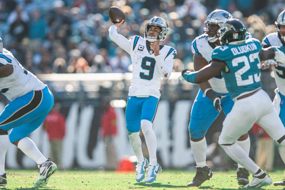 Dec 31, 2023; Jacksonville, Florida, USA; Carolina Panthers quarterback Bryce Young (9) throws the ball against the Jacksonville Jaguars in the fourth quarter at EverBank Stadium. Mandatory Credit: Jeremy Reper-USA TODAY Sports