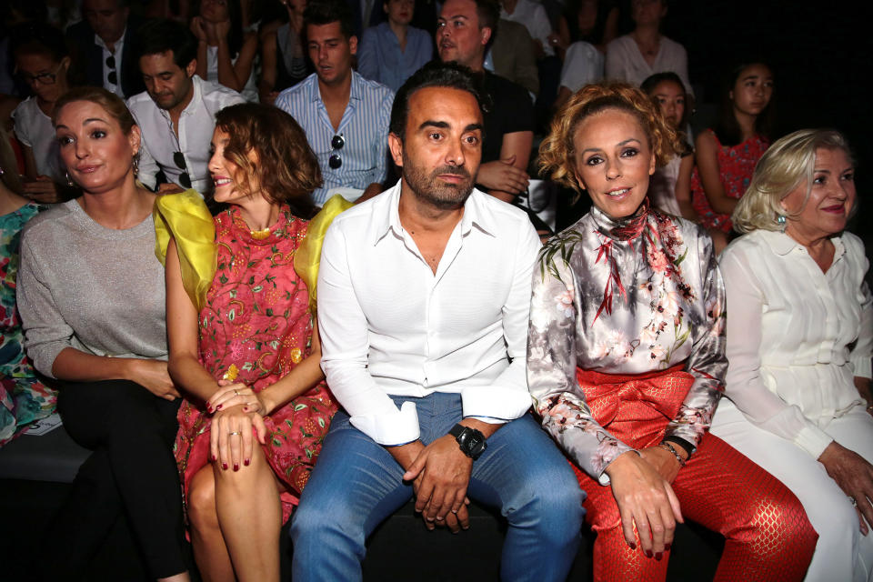 MADRID, SPAIN - JULY 10:  (2nd L-R) Anabel Duenas, Rocio Carrasco and Fidel Albiac attend the Hannibal Laguna show at Mercedes Benz Fashion Week Madrid Spring/ Summer 2019 on July 10, 2018 in Madrid, Spain.  (Photo by Europa Press/Europa Press via Getty Images)