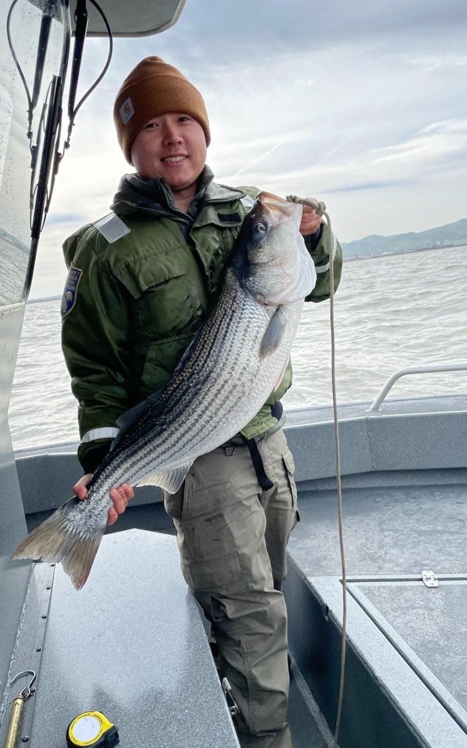 This angler proudly shows off a striped bass.