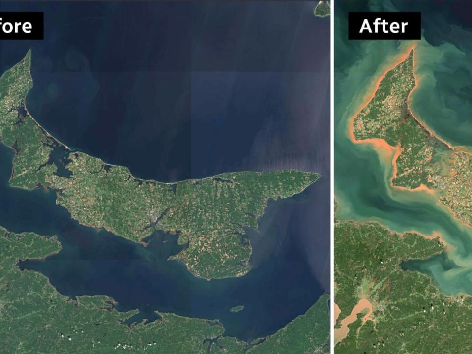 Before and after satellite images show how the outline of P.E.I. changed after Fiona. (CBC - image credit)