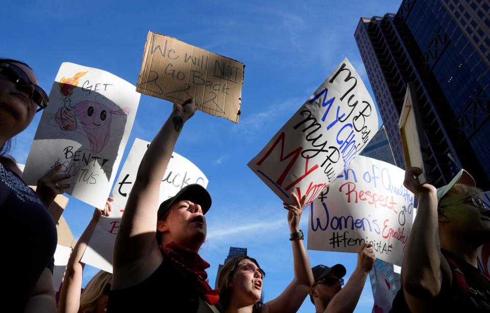 June 24, 2022; Columbus, Ohio, United States;  Hundreds of people rallied at the Ohio Statehouse and marched through downtown Columbus in support of abortion after the Supreme Court overturned Roe vs. Wade on Friday. Mandatory Credit: Barbara J. Perenic/Columbus Dispatch