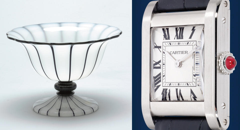 Opaline art glass (L) and a Cartier Tank with "Opaline Silvered Dial" (R). The slightly iridescent silvered dials were named after the milky art glass.