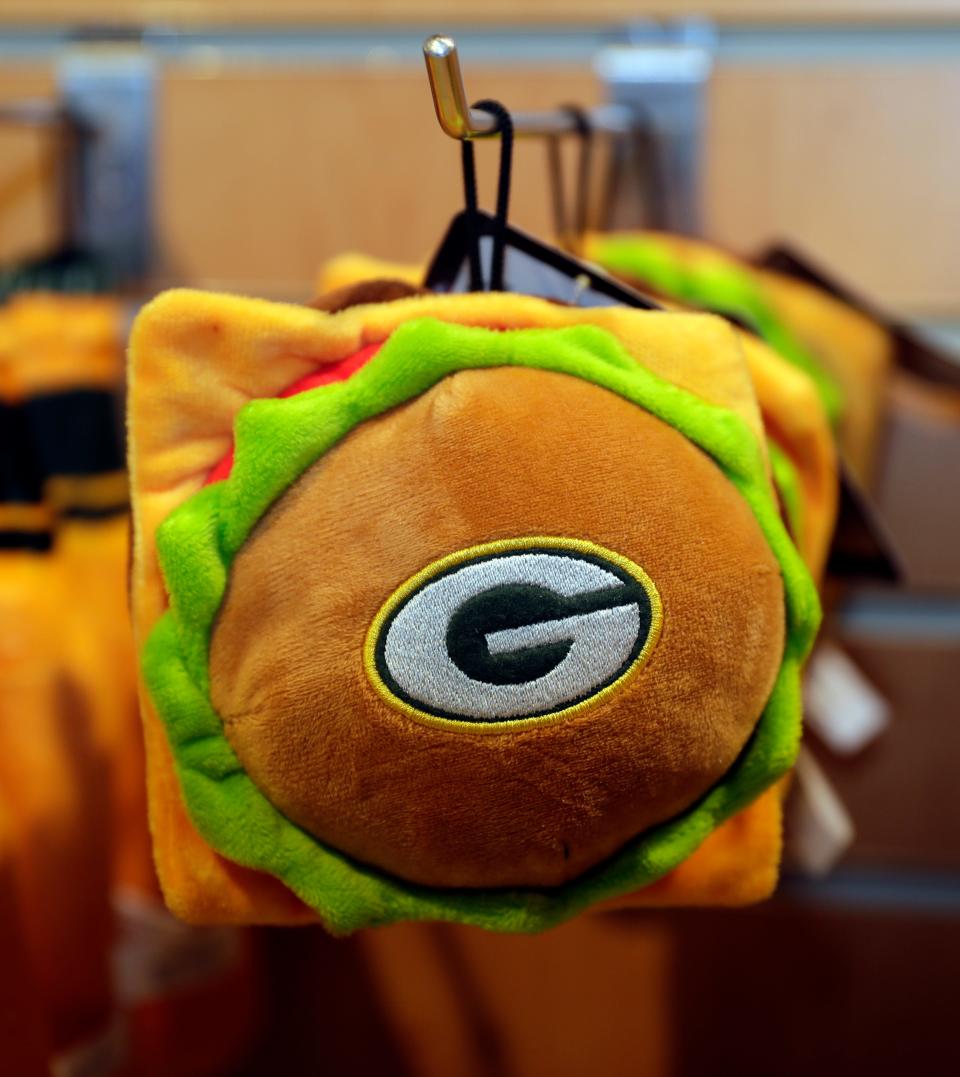 A Green Bay Packers cheeseburger dog toy at the Packers Pro Shop on Jan. 17, 2023, in Green Bay, Wis.