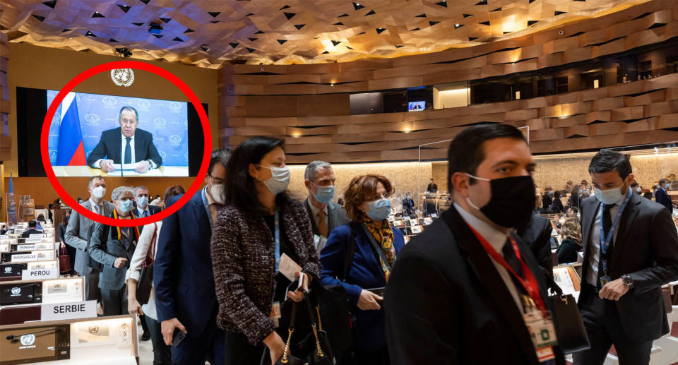 Diplomats pour out of a UN conference on Tuesday as Sergey Lavrov's recording began. Source: Twitter