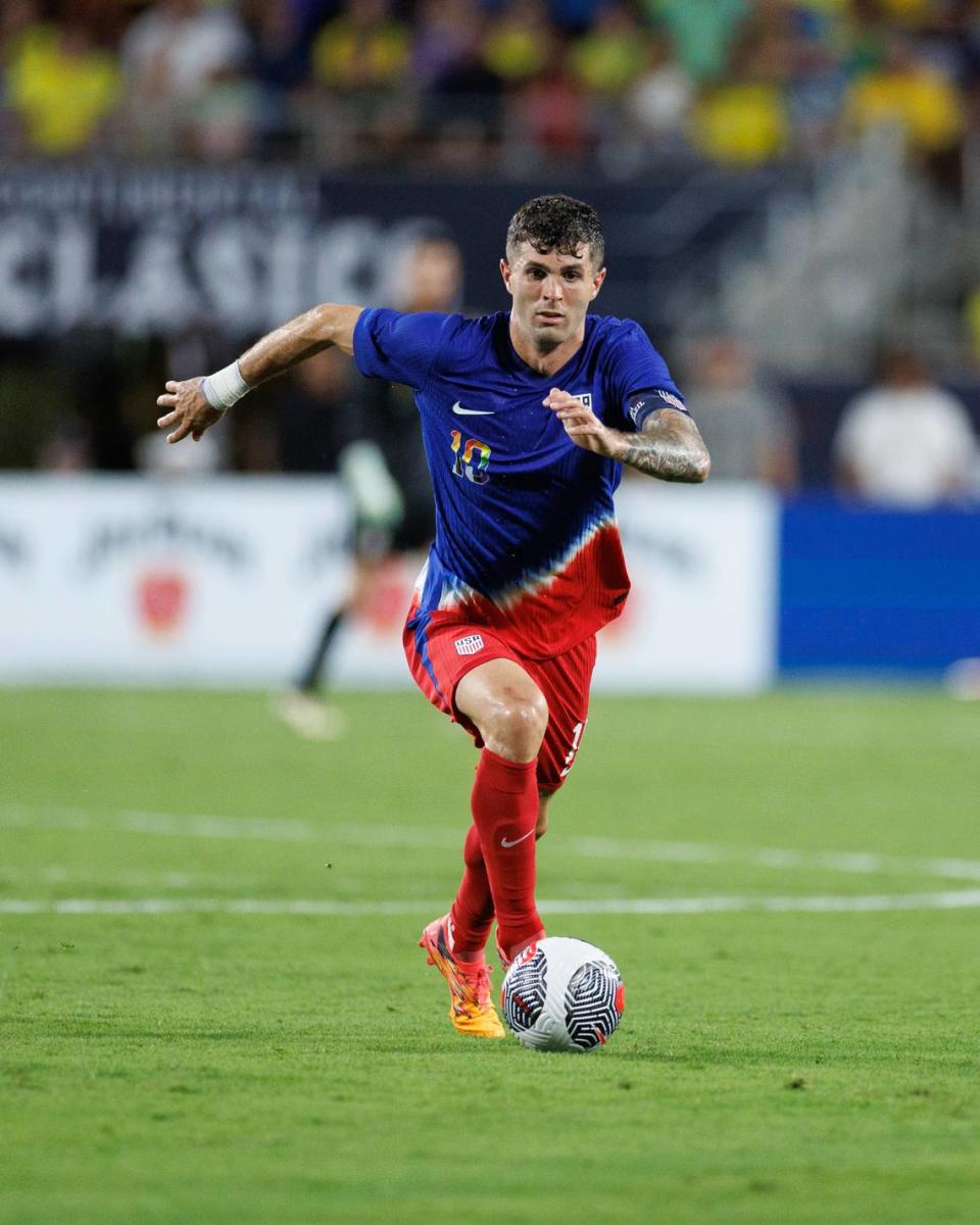 Jun 12, 2024; Orlando, Florida, USA; United States midfielder Christian Pulisic (10) controls the ball against Brazil in the second half during the Continental Clasico at Camping World Stadium. Mandatory Credit: Nathan Ray Seebeck-USA TODAY Sports