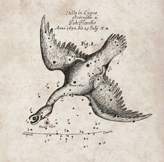 A chart showing the position of a "nova" that appeared in 1670 and was dubbed Nova Vul 1670. It would later be renamed CK Vulpeculae. Its location was recorded by the famous astronomer Hevelius and was published by the Royal Society in England