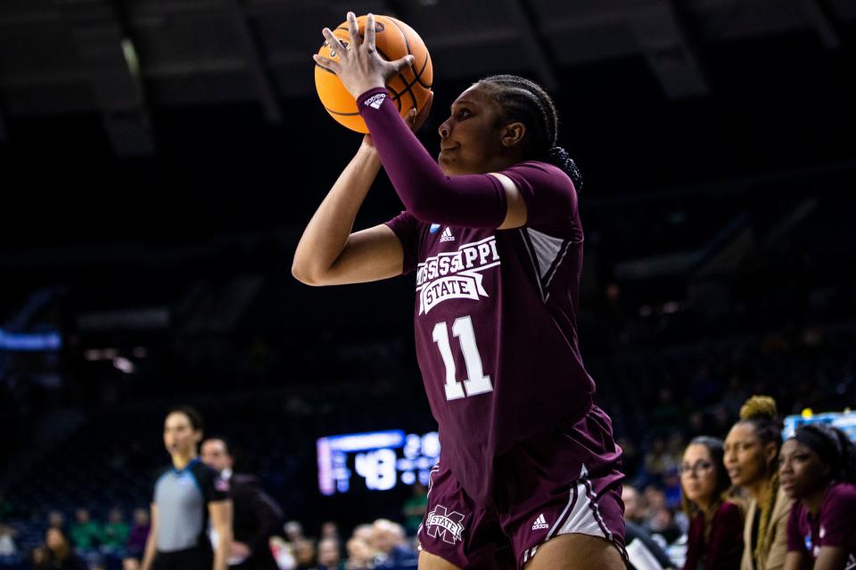 Mississippi State's Kourtney Weber (11) lines up a shot during the second half of a first-round college basketball game against Creighton in the NCAA Tournament, Friday, March 17, 2023, in South Bend, Ind. (AP Photo/Michael Caterina)