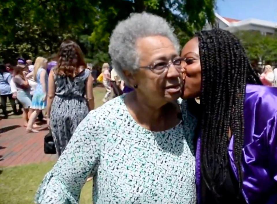 Natalia Little gives Barbara Rippy a hug after her graduation at East Carolina University in 2018. Diedra Laird